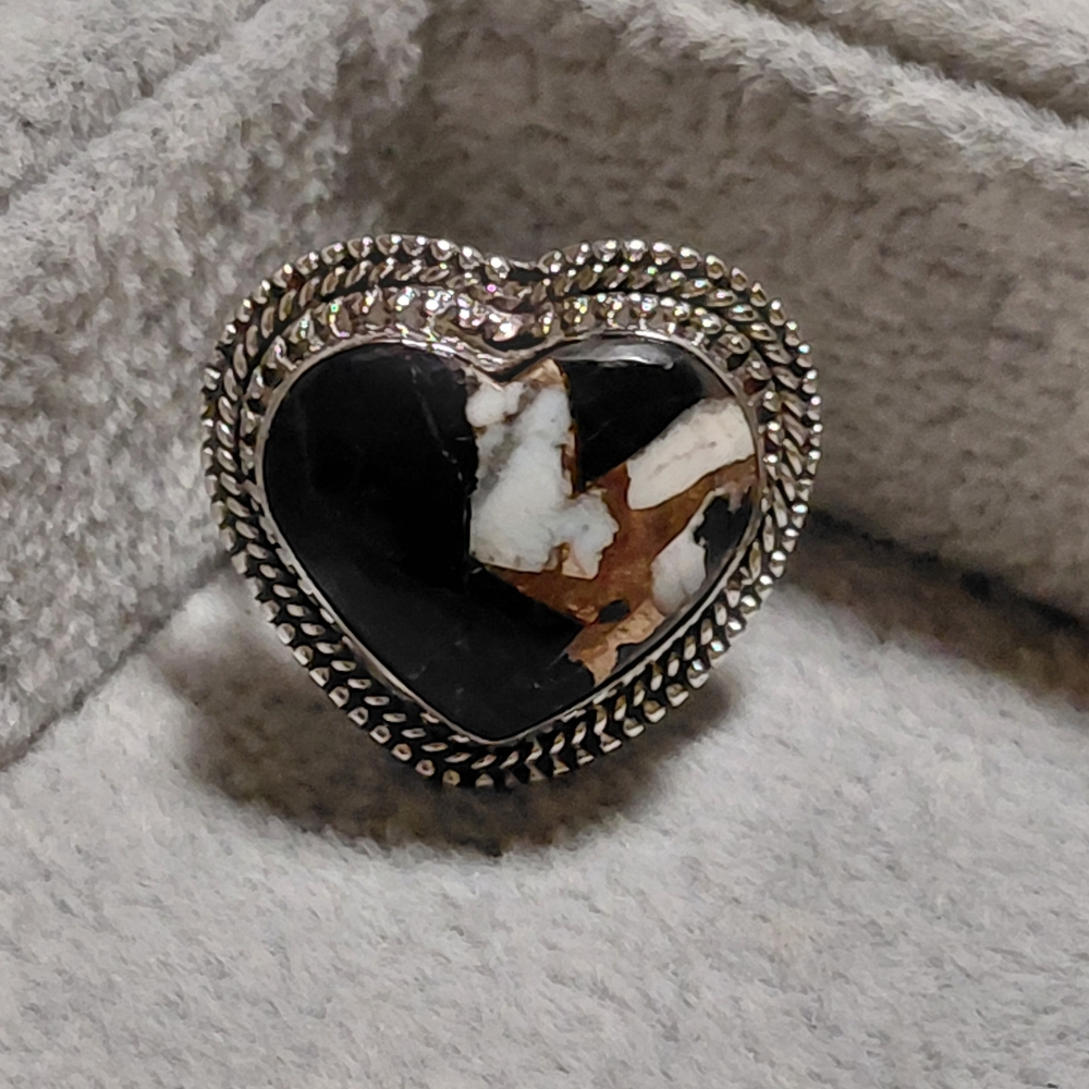 White Buffalo Copper Turquoise Sterling Silver Heart Shaped Ring